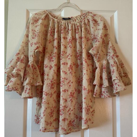 Chaps Shirt Woman XL Pink Floral Ruffle Sleeve Boho Gauzey Phoebe Buffay Artsy - Picture 1 of 8